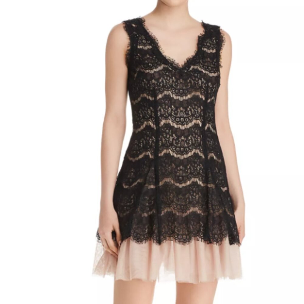Aqua Black Lace Mini Dress with Nude Underlay